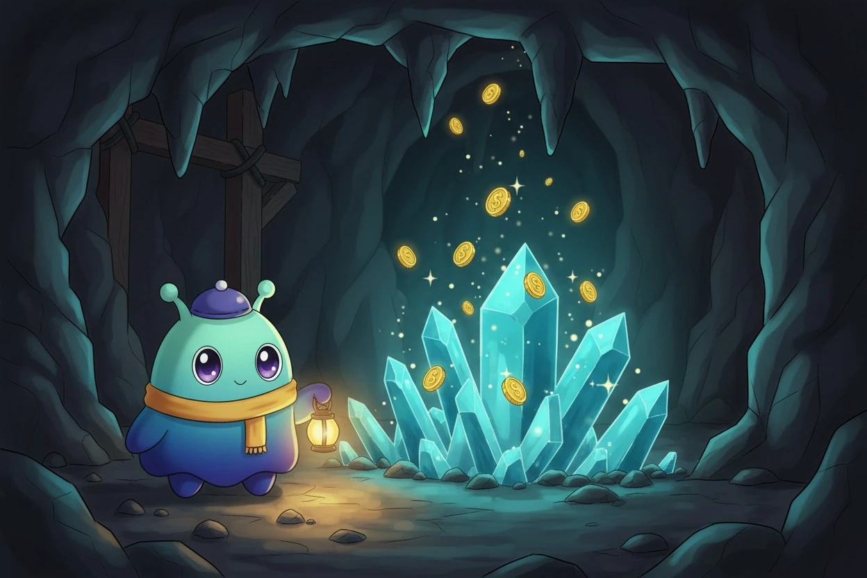 A lantern-carrying NullHood explorer beside glowing turquoise crystals and floating coins