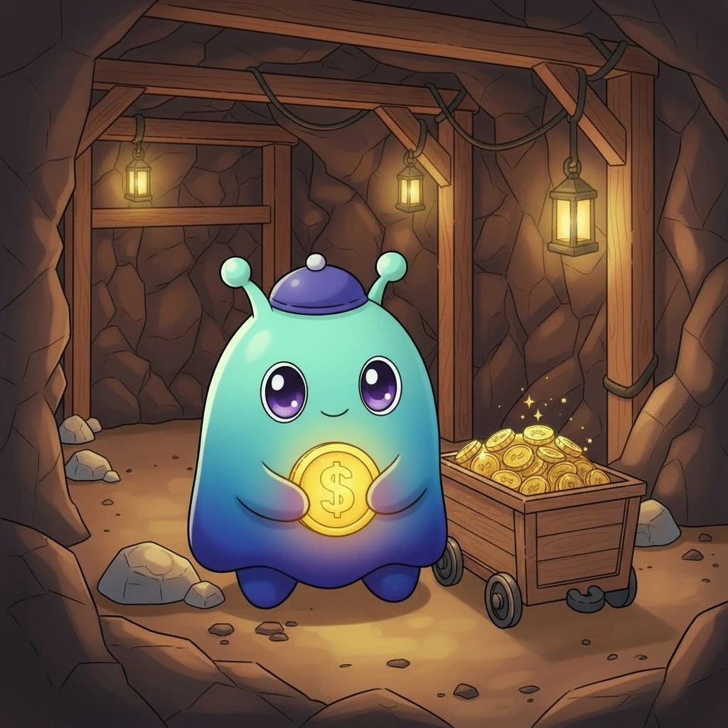 A friendly NullHood character holding a gold coin in a lantern-lit mine