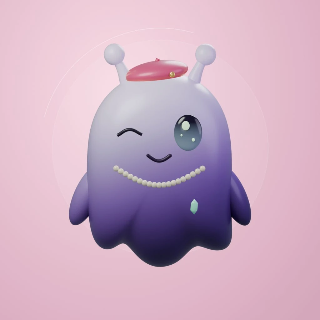 A winking lavender NullHood character wearing pearls and a pink beret