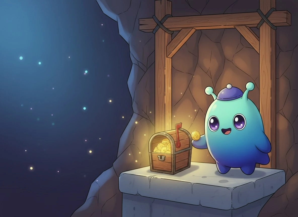 A NullHood character discovers a chest full of glowing gold